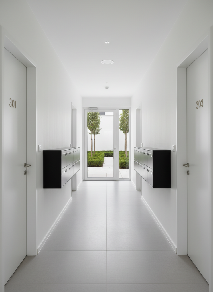 Immobilienmakler Crailsheim M-Living Neuvermietung Vermittlung Verwarltung Timo Meyer perfectly aligned doors with brushed metal numbers, and a newly installed matte black wall-mounted mailbox system. At the end of the corridor, a glass door opens to a small, manicured courtyard with trimmed hedges and clean paving stones, gently out of focus. Overcast natural light filters through, creating an even, shadow-free illumination. Photographic realism, leading lines composition drawing the eye down the hallway, conveying order, cleanliness, and professional caretaking as part of comprehensive property management and maintenance.