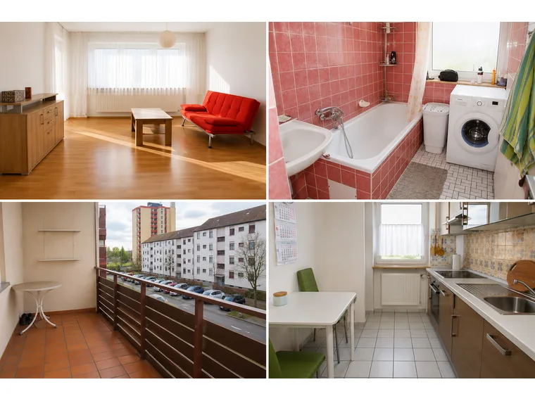 Vier Ansichten der 3-Zimmer-Wohnung im Roten Buck: Wohnzimmer, Bad, Balkon, Küche