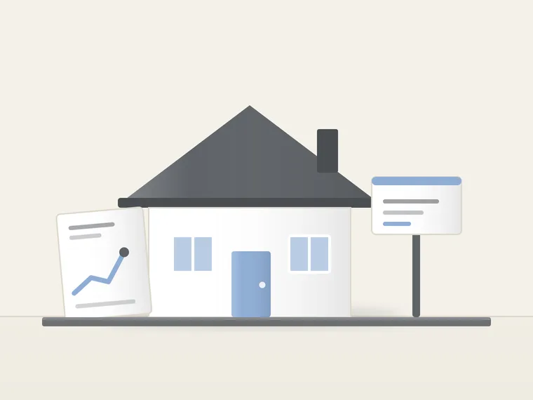 Illustration: Wohnhaus mit Verkaufsschild und einer Wertermittlung als Sinnbild für die Immobilienvermittlung