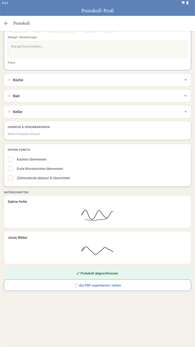 Abgeschlossenes Protokoll mit Schaltfläche zum PDF-Export