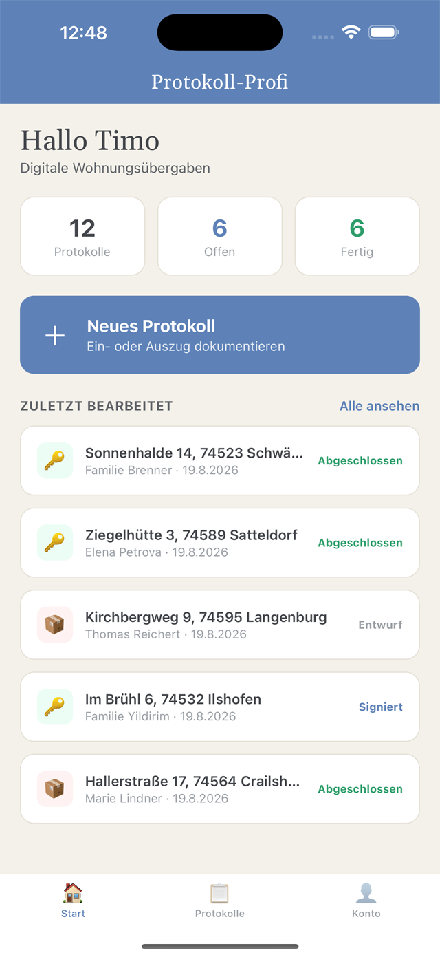 Startbildschirm der App Protokoll-Profi mit einer Übersicht angelegter Übergabeprotokolle