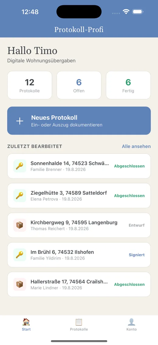 Startbildschirm der App Protokoll-Profi auf einem Smartphone